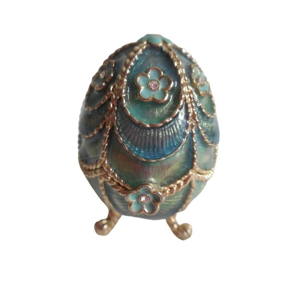 Monet Egg Footed Trinket Box Teal Blue Green Enamel Gold Trim Rhinestone Accents - Picture 1 of 6